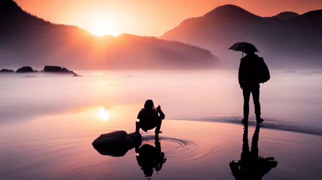 Two people standing on a beach with an umbrella in the water.