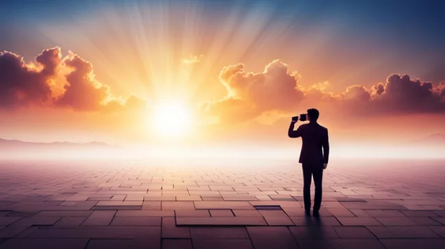 A businessman looking at the sun through binoculars.