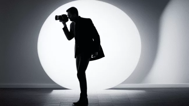 A silhouette of a man holding a camera in front of a circular light.
