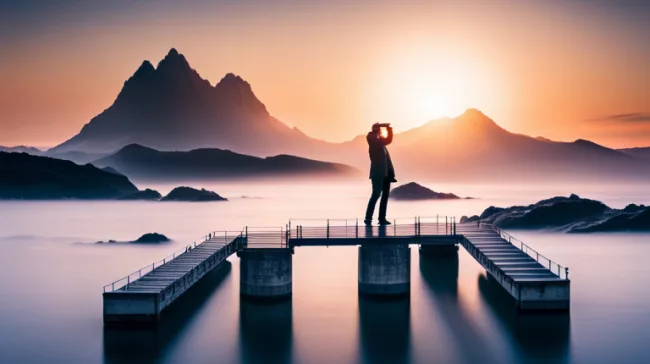 A woman standing on a dock at sunset.