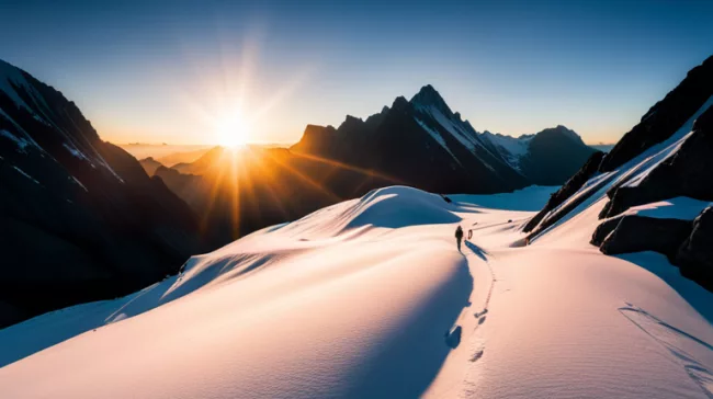 A man is walking up a snowy mountain at sunset.