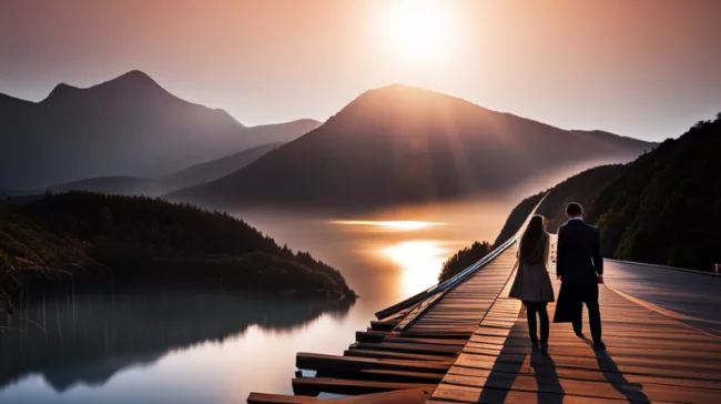 A couple walking on a wooden bridge over a lake at sunset.
